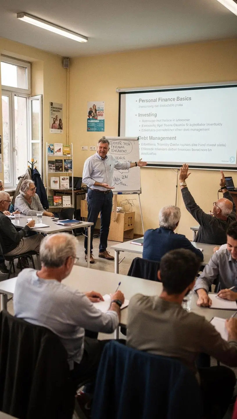 Egy személy, aki pénzügyi cikkeket olvas digitális eszközön, strukturált tanulási folyamatot szemléltetve.